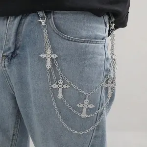 Punk Hip Hop Jeans Chain With Cross Charm Layered Wallet Chain Rock Jewelry For Men Women Halloween Clothing Accessories