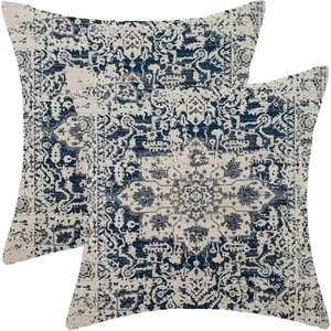 Boho Pillow Covers 20x20 Inch Set of 2,Carpet Pattern Throw Pillows Case,Navy Blue Beige Ethnic Decorative Square Farmhouse Decor Cushion Covers for Home Sofa Bed Couch