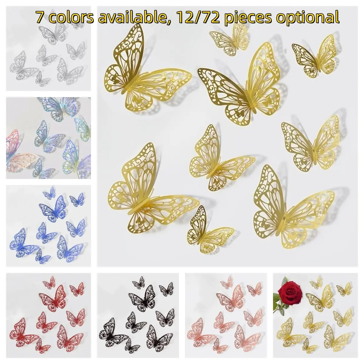 12/72 Pcs 3D Butterfly Unique Wall Decor Set, Decorative Stickers, Hollow-Design Gold Butterflies for Party Decor and Bridal Shower, Creative Butterfly Stickers for Gift Boxes, Flower Arrangements and DIY Home Decoration