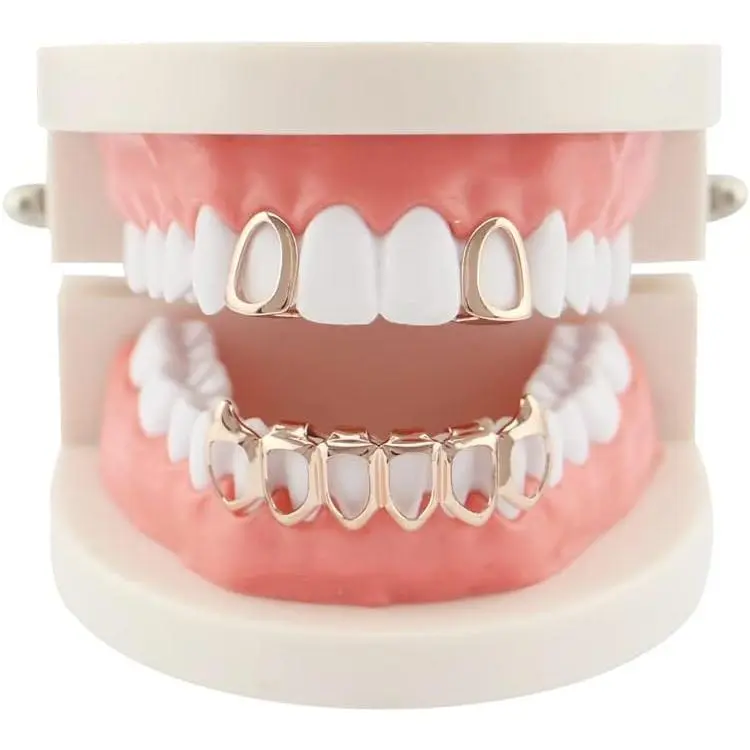 18K Gold Plated Hip Hop Teeth Grillz Caps Open Face 2pcs Single Top and Bottom Grills for Your Teeth Grillz Set for Men Women
