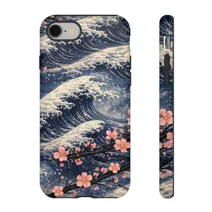 Wave & Cherry Blossom Tough Phone Case — Japanese Ukiyo-e Inspired Protective Cover