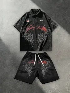 Men's Polo Shirt and Casual Shorts Set, Street Style American Snowflake Thorn Print, Fitted Summer, Daily Wear