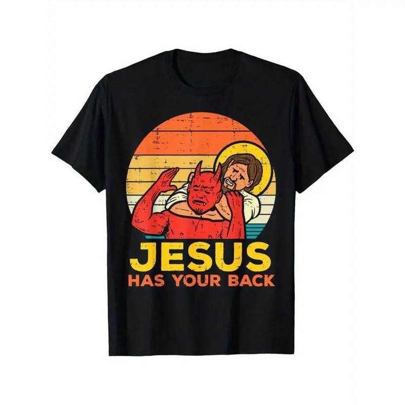 Women's T-Shirt with "Jesus Has Your Back" Graphic, Casual Retro Short Sleeve Cotton Top, Breathable Loose Fit for All Seasons
