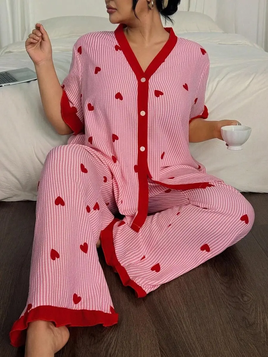Striped Heart Print Contrast Color Open Front Plus Size Short Sleeve Pajama Set