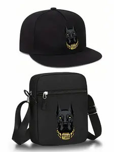 Cool Dog Print Unisex Flat Brim Baseball Cap & Crossbody Bag Set, Street Fashion Outdoor Sports Hat and Shoulder Bag, Adjustable Fit, Stylish Crossbody Bags