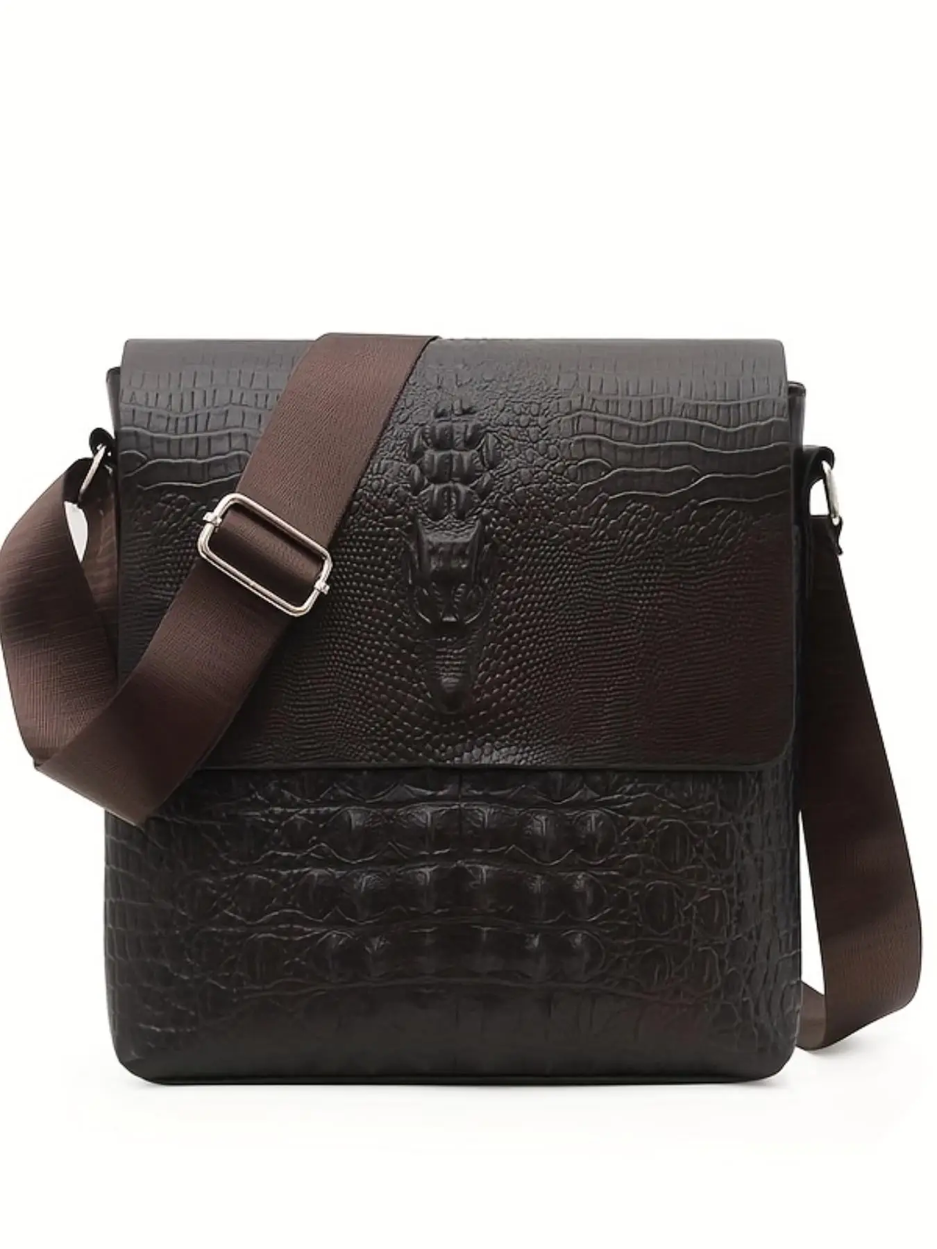 Mens Casual Crocodile Embossed PU Leather Crossbody Bag