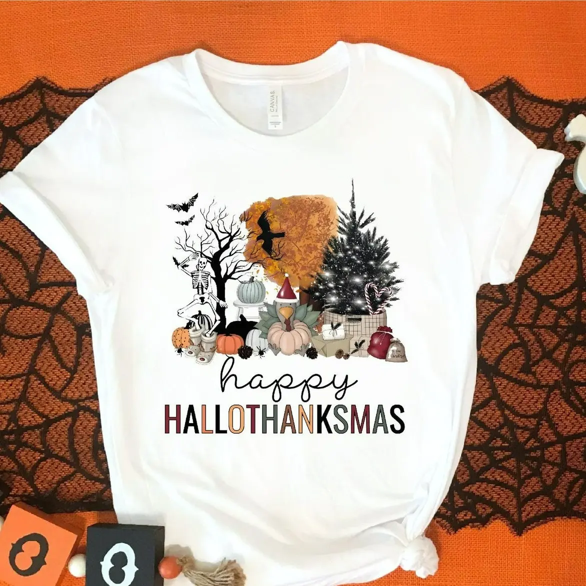 Happy Hallothanksmas Shirt, Halloween Thanksgiving Christmas Tee, Festive Holiday Season Shirt, Funny Fall Gift, Autumn Celebration Apparel
