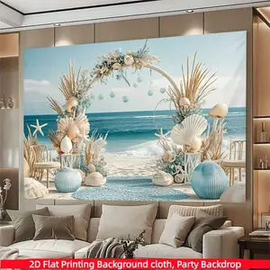 Beach Wedding Backdrop for Photography, Polyester Ocean Sea Shell Flower Arch Bridal Shower Photo Background, Summer Coastal Tropical Theme Wedding Birthday Party Decoration Photo Booth Props Banner, Multi-Size