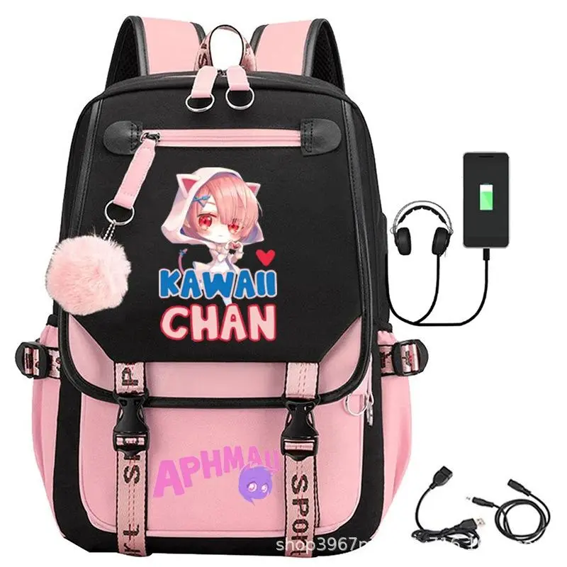 Aphmau Kawaii Chan USB Charging Girls Backpack, Cute Pink Black Anime Student Backpack with Headphone Port