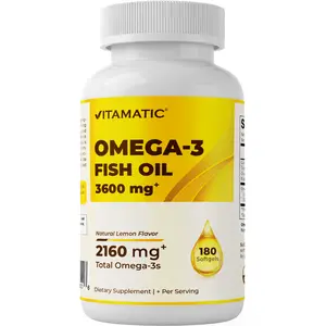 Vitamatic Triple Strength Omega 3 Fish Oil 3600mg Per Serving, 2160mg Omega 3 Fatty Acids, 1296mg EPA + 864mg DHA, Burpless Lemon Flavor, 180 Softgels