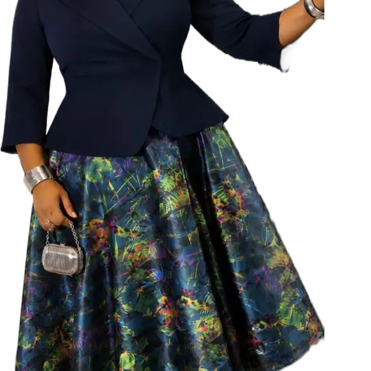 Women's Elegant Navy Blazer & Printed Midi 2-Piece Set Womenswear Clothes