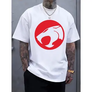 Men's Cotton-Polyester Short-Sleeve Round-Neck T-Shirt, Loose Regular Fit White Top with Red Beast Graphic Print, Bohemian Tropical Streetwear for Beachwear & Everyday Outfits, Machine Washable Plus-Size Men's T Shirts,summervibes
