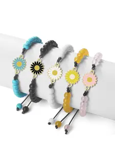 6mm Natural Stone Bracelet with Daisy Pendant, Adjustable Woven Cord Symbolizing Purity and Joy, Meaningful Gift for Loved Ones