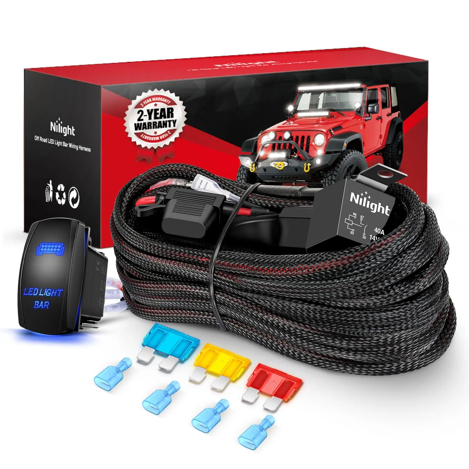 Nilight 12V 14 AWG 2-Lead Nylon Jacket Automotive Vehicle Wiring Harness Kit - 5-Pin Rocker Switch, Laser Power Relay, Blade Fuse, Simple Install, Overload Safe LED Light Bar Switch for Off-Road Use