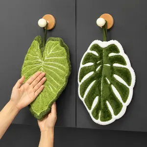 2PCS Monstera Hanging Coral Fleece Hot Plant Hand Towel, Green Plant Absorbent Non-shedding Kitchen Towel