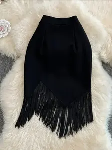 Elegant High-Waisted Asymmetrical Fringe Bodycon Skirt for Women, Long Sexy Party Commuter Dress, Step Hem Design