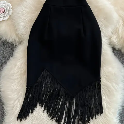 Elegant High-Waisted Asymmetrical Fringe Bodycon Skirt for Women, Sexy Party Commuter Skirt, Formal Skirts