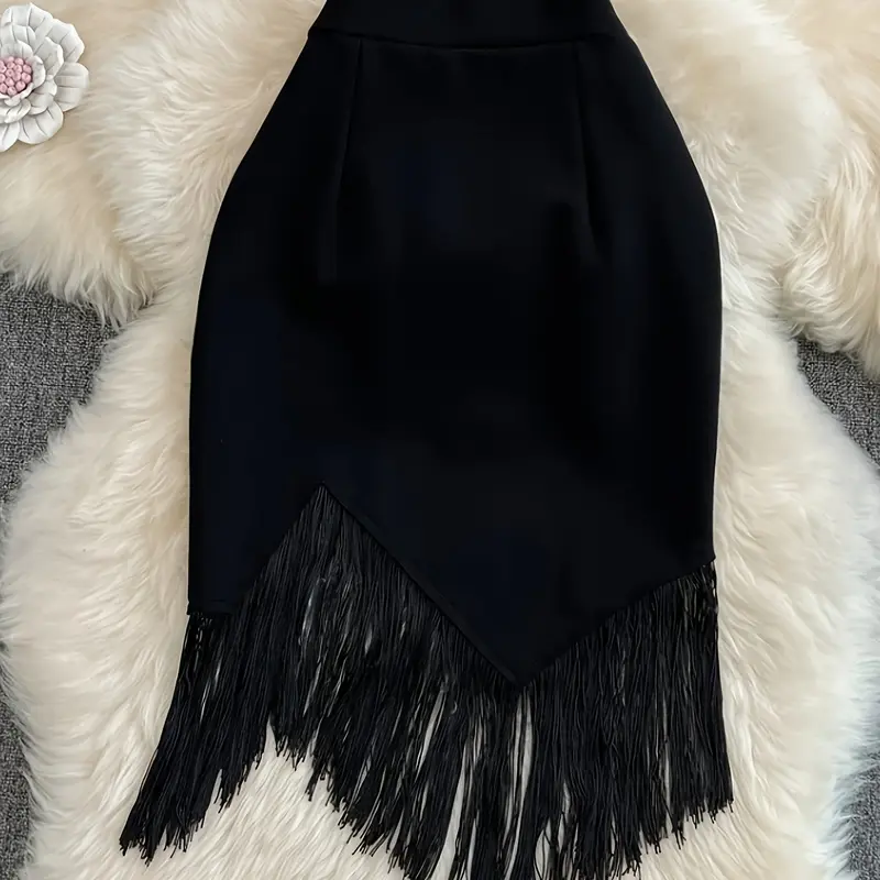 Elegant High-Waisted Asymmetrical Fringe Bodycon Skirt for Women, Sexy Party Commuter Skirt, Formal Skirts