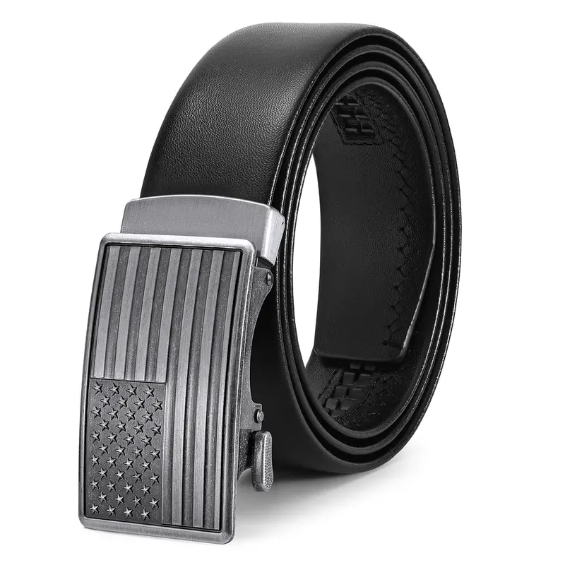 BELTROAD Men's Classic Belt - 1 3/8in Width, Oil-Edge Durable Genuine Leather, Rust-Resistant American Flag Design Buckle, Auto-Adjustable Ratchet Strap for Dress & Casual Wear, Mens Clothing Accessory