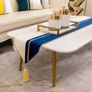 12 x 72 Inch Decorative Luxury Navy Blue White  Leather Striped Patchwork  Table Runners with Tassels for  Living Room Bedroom Art Decor Wedding