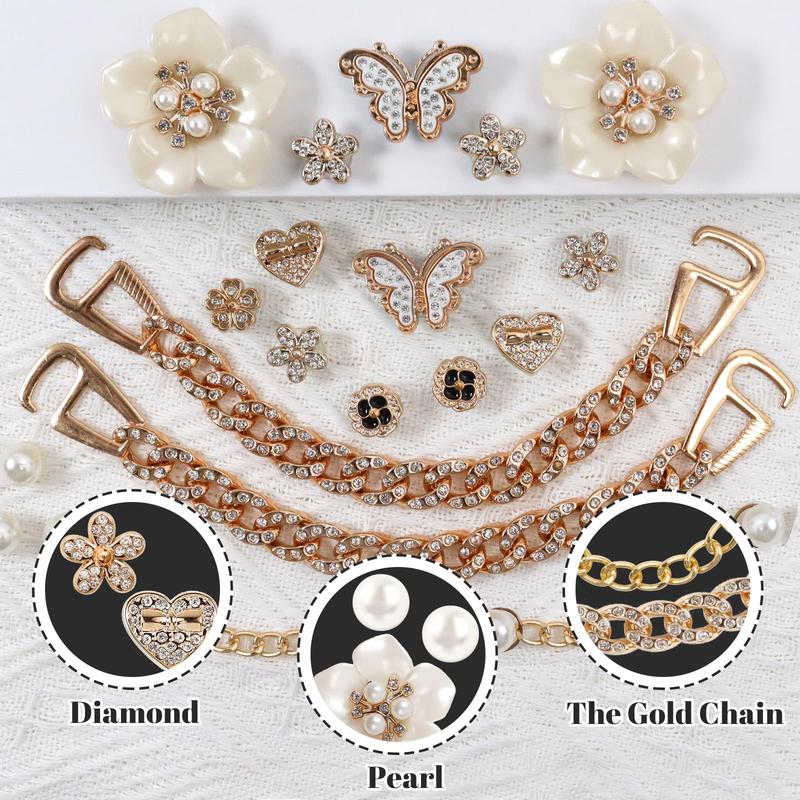 24 Pcs Bling Shoe Charms for Women with Flower Pearl Sparkling Chains & Unique Shapes DIY Accessories for Clog Rhinestone Shoes Chain Charm Cute Shoe Charms for Birthday Party