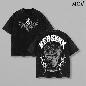 Berserk Skull Streetwear Tee Washed – Vintage Heavy Cotton Oversized Dark Fantasy Anime Manga T-Shirt, Double Printed Retro Unisex Graphic Top, Black Swordsman Edition