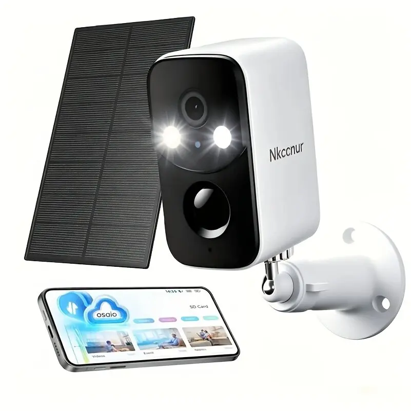 NKCCNUR 1pcs Solar‑Powered Outdoor Wireless Security Camera with Color Night Vision, Battery‑Powered PIR Motion Detection, 2.4GHz Wi‑Fi, 1024P HD Resolution, Audible & Visual Alarm, Two‑Way Audio, and IP66 Weatherproof Rating.