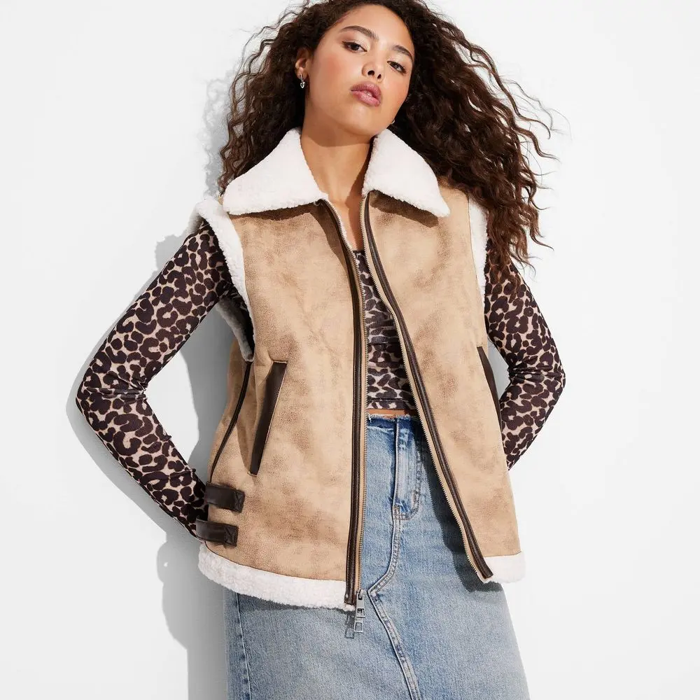 Wild Fable Women's Faux Shearling Sleeveless Vest - Sueded Finish, Polyester Fabric, Zipper Closure, Pocket Detail, Stylish Outerwear Garment