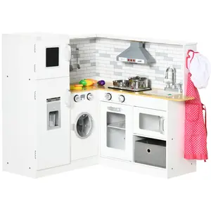Corner Play Kitchen Set with Sound Effects and Tons of Countertop Space, Large Wooden Kitchen with Washing Machine, Food Toys, Ice Maker, Kids Kitchen, Ages 3-6, White