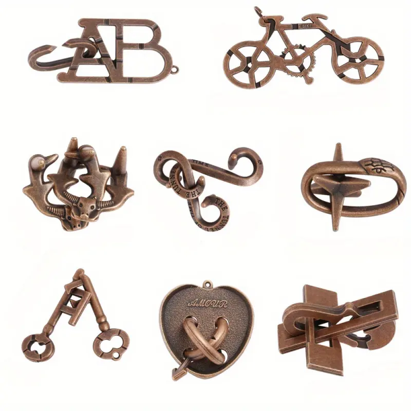 8-piece set of classic bronze metal Luban locks, puzzle solving, enhanced logical thinking, relaxation and creative problem-solving skills