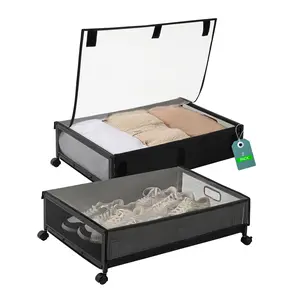 UnderStash Rolling Under Bed Storage with Wheels & Lid - Space-Saving Metal Drawers for Shoes, Clothes & More (2-Pack, Black) Boxes Organiser Plastic Smooth