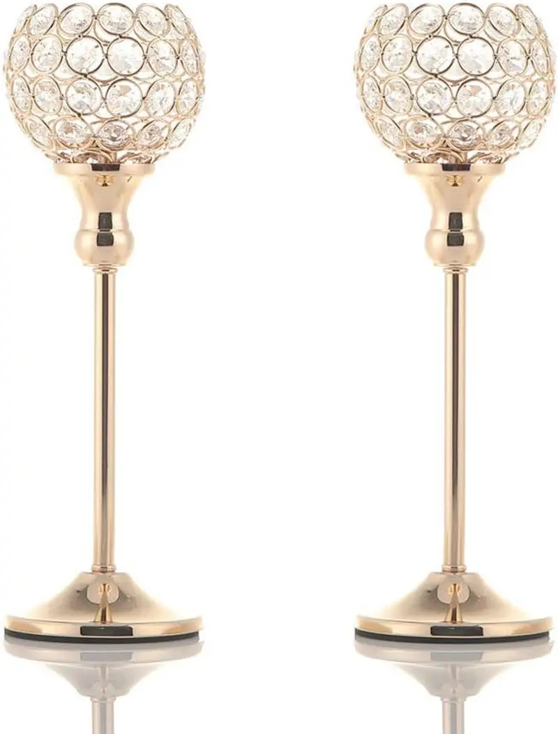 Gold Crystal Candle Holders Set of 2 for Fireplace Coffee Table Mantle Decor,Wedding Home Halloween Decoration Centerpieces