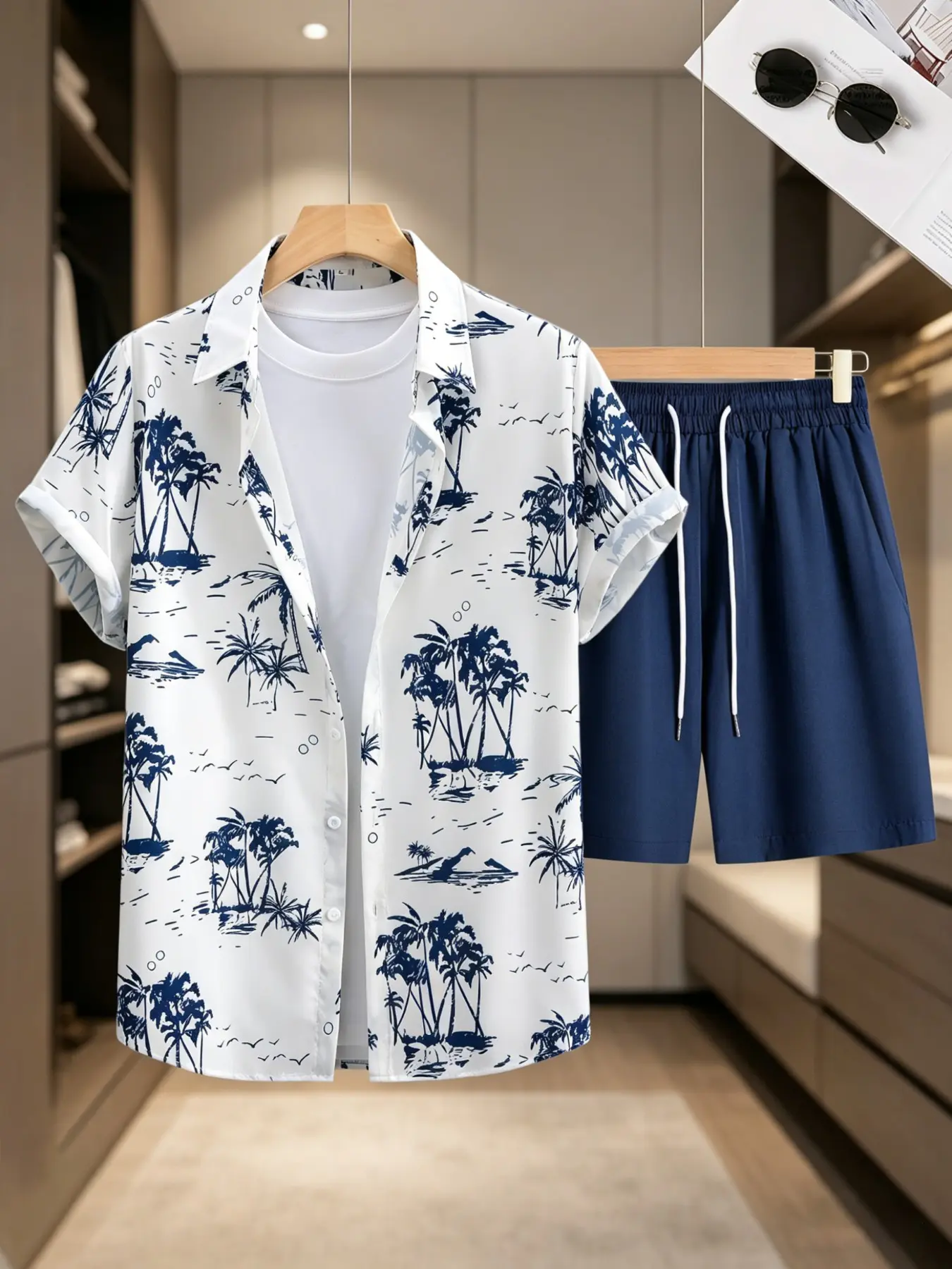 Men's 2-Piece Tropical Hawaiian Style Set, Coconut Tree Pattern Short Sleeve Shirt + Drawstring Shorts, Casual Summer Beach#MensSummerSet #BeachWear#VacationOutfit #MensFashion #CasualStyle #SummerEssentials #ShirtAndShortsSet