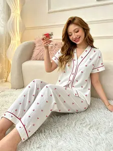 Elegant Women's Short Sleeve Cherry Print Kimono V-Neck Pajama Set, Comfortable Fashion Home Wear, Soft Sleepwear for Relaxing at Home
