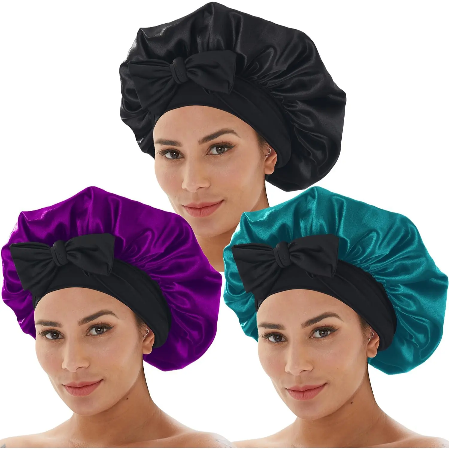 3 Pack Satin Bonnet Sleep Cap Adjustable Tie Band Hair Bonnet for Women Men