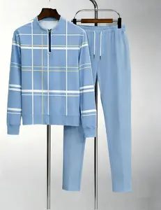 Men's 2-piece lightweight business casual sportswear |   Light blue checkered top with half zipper |   Contrasting white and yellow checkered patterns+matching pants |   Suitable for urban commuting, office leisure, and polished comfort
