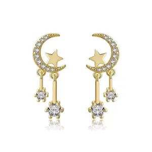 FlashyStudioNYC Moon earrings, moon and star earrings, crescent earring, starburst earrings, moon dangle earrings, star drop earrings, gold moon earrings, moon dangle earrings, celestial Christmas gift ideas, gift for girlfriends, gift for friendship