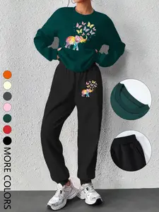 New Creative Simple Colorful Elephant Print Sweatshirt Set, Long Sleeve Round Neck Top & Pants, Casual Spring Fall Winter Women's Fashion