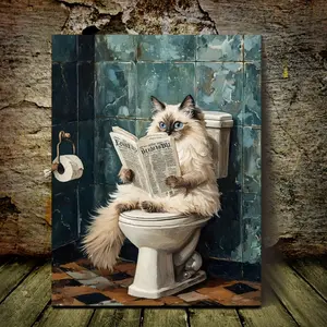 1 Piece Cat Canvas Wall Art - Fantasy Ragdoll Cat Sitting on a Toilet Reading a Newspaper, Background Art Print, Funny Wall Art, Suitable for Living Room, Bedroom, Office, Coffee Shop Decoration, Fantasy Home Decor, Playful Cat Art, Durable canvas prin