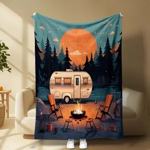 Soft Flannel Blanket with Cute Camping Print, Warm and Comfortable Multi-Purpose Throw, Cozy Blanket for Office, Travel, Home Use, Year-Round Gift Idea, Multifunctional Blanket