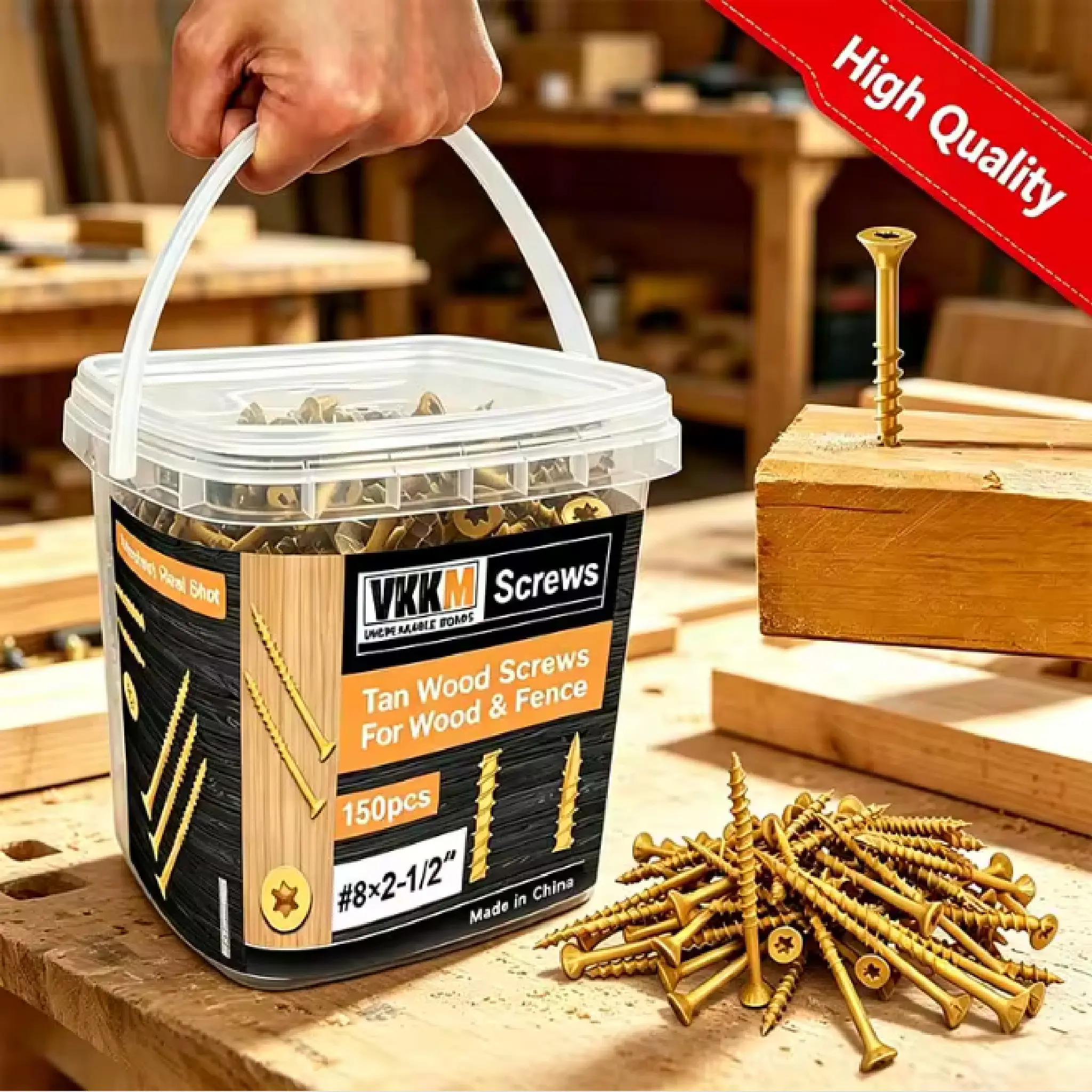 VKKM 150Pcs #8x2.5" Tan Wood Screws, Self-Tapping & Anti-Rust, Multi-Purpose for Furniture, Fence, Deck & DIY