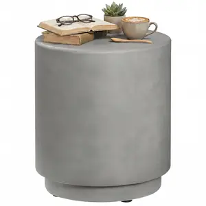 Light Gray Lightweight Concrete-Finish Round Accent Table - Weather-Resistant Industrial Chic Outdoor Patio Side Table, Balcony Plant Stand