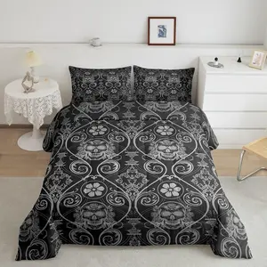 Feelyou King Size 3Pcs Gothic Bohemia Style Vintage Damask Pattern Comforter Set - Oriental Antique, Grey Floral, Exotic Sugar Skull Rose Decorative Bedding Set