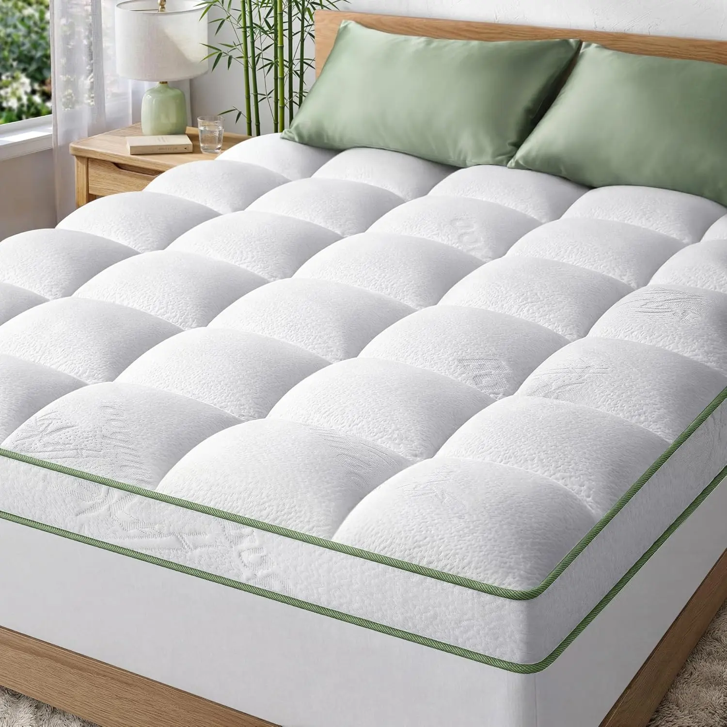 2-Inch Extra-Thick Queen Size Mattress Topper, Ultra Plush Soft Viscose Bamboo Cooling Mattress Topper, Naturally Cooling for Full Body Support, Snow White