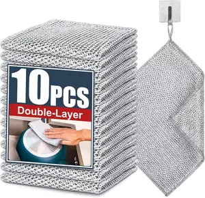 10PCS Steel Wire Cleaning Cloths Double Layer Non-Scratch Dish Cleaning Rags for Kitchen Use Kitchen Traditional