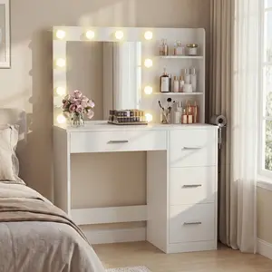 FURMAX Makeup Vanity With Lights,Vanity Desk With Mirror And Power Outlet,Dresser Table With Drawers And Open Shelves