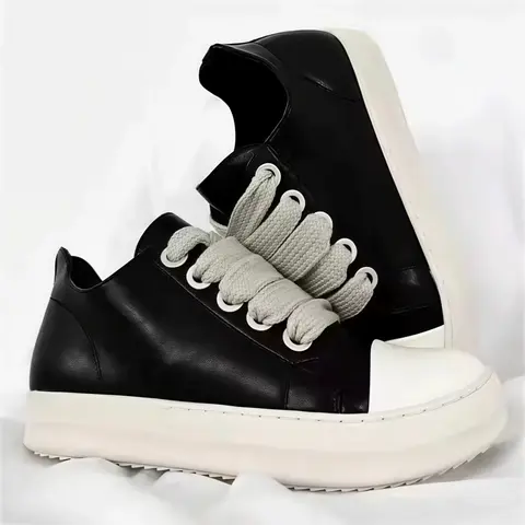 Men's Chunky Platform PU Leather Low-Top Athletic Footwear - Thick Laces, Thick Rubber Sole Casual Trainers, Chic Minimalist All-Seasons Comfort Lifestyle Walking Shoes for Students