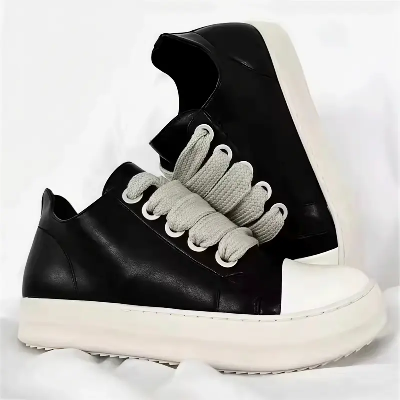 Men's Chunky Platform PU Leather Low-Top Athletic Footwear - Thick Laces, Thick Rubber Sole Casual Trainers, Chic Minimalist All-Seasons Comfort Lifestyle Walking Shoes for Students