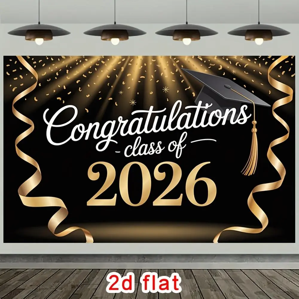 1pc Golden Black 2026 Graduation Cap Polyester Backdrop Banner, Reusable 2D Flat No-Electricity-Required Decor, for Home, Photo Booth Grad Party Decorations, 2026 Graduation Decorations,summerwins