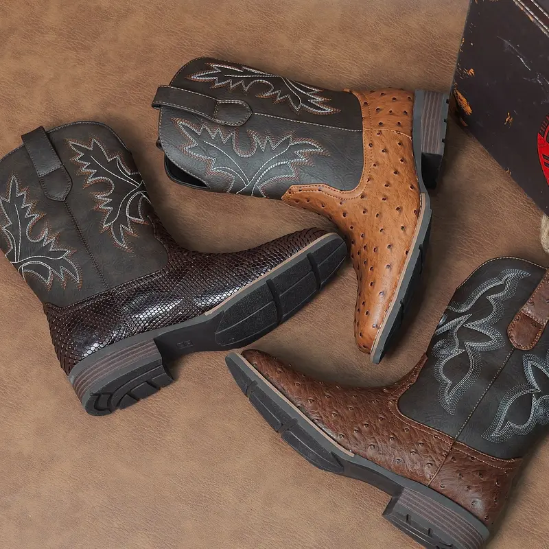 Men's Classic Exotic Cuban Faux Leather Mid-Calf Western Closed Cowboy Boots - Square Toe, Slip Resist., Pull-On, Comfortable, Vintage Cowb., All Seasons, Casual Outdoor Boot, American Traditional Footwear